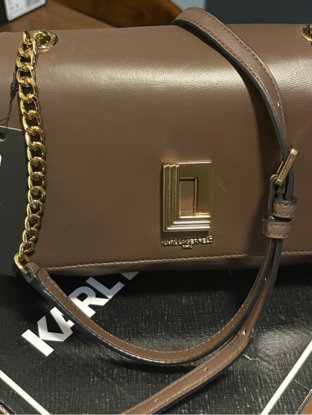 Karl Lagerfeld Taupe Leather Shoulder Bag with Gold Chain Hardware